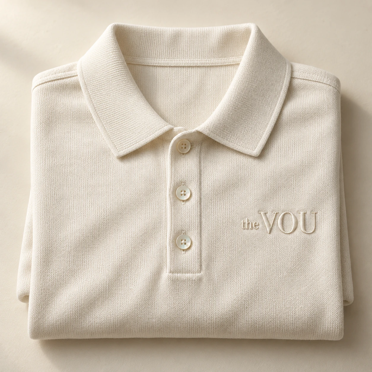 An ivory polo lying folded with a raised tonal The VOU wordmark