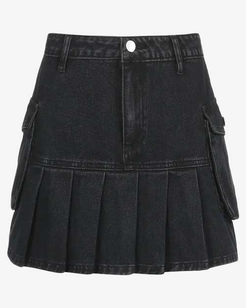 Black Pleated Denim Skirt