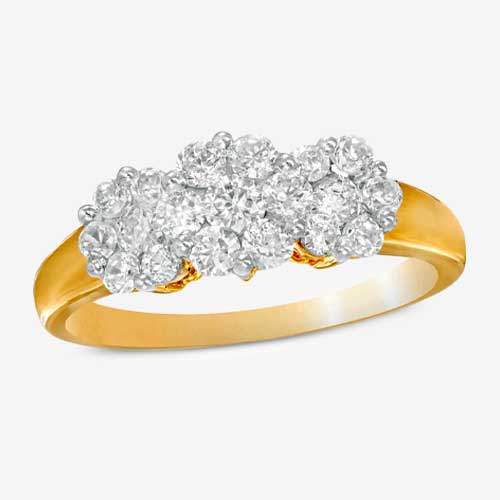 Diamond Three Stone Flower Frame Yellow Gold Engagement Ring