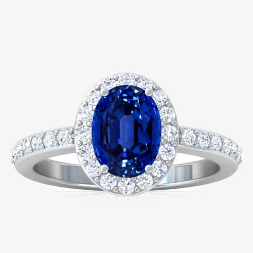 Traditional Oval Halo Untreated Blue Sapphire Ring with Prong Set Diamonds