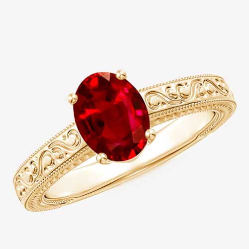 Vintage Inspired Engraved Shank Oval Ruby Ring 