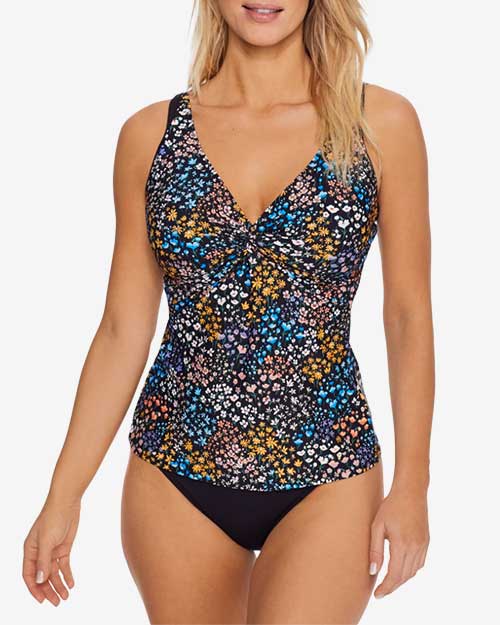 Z-one Women New Flower Print Athletic Tops Swimsuits Zipped Long Sleeve Tankini Top Sports Swimwear
