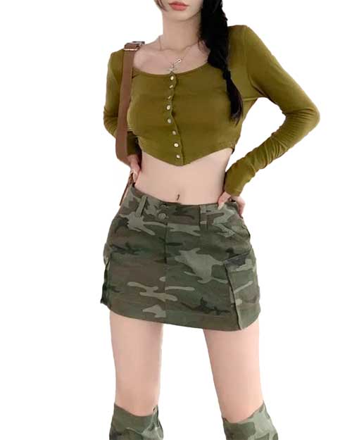 Ginger Girl Long-Sleeve Crop Top & Camo Print Mini Skirt