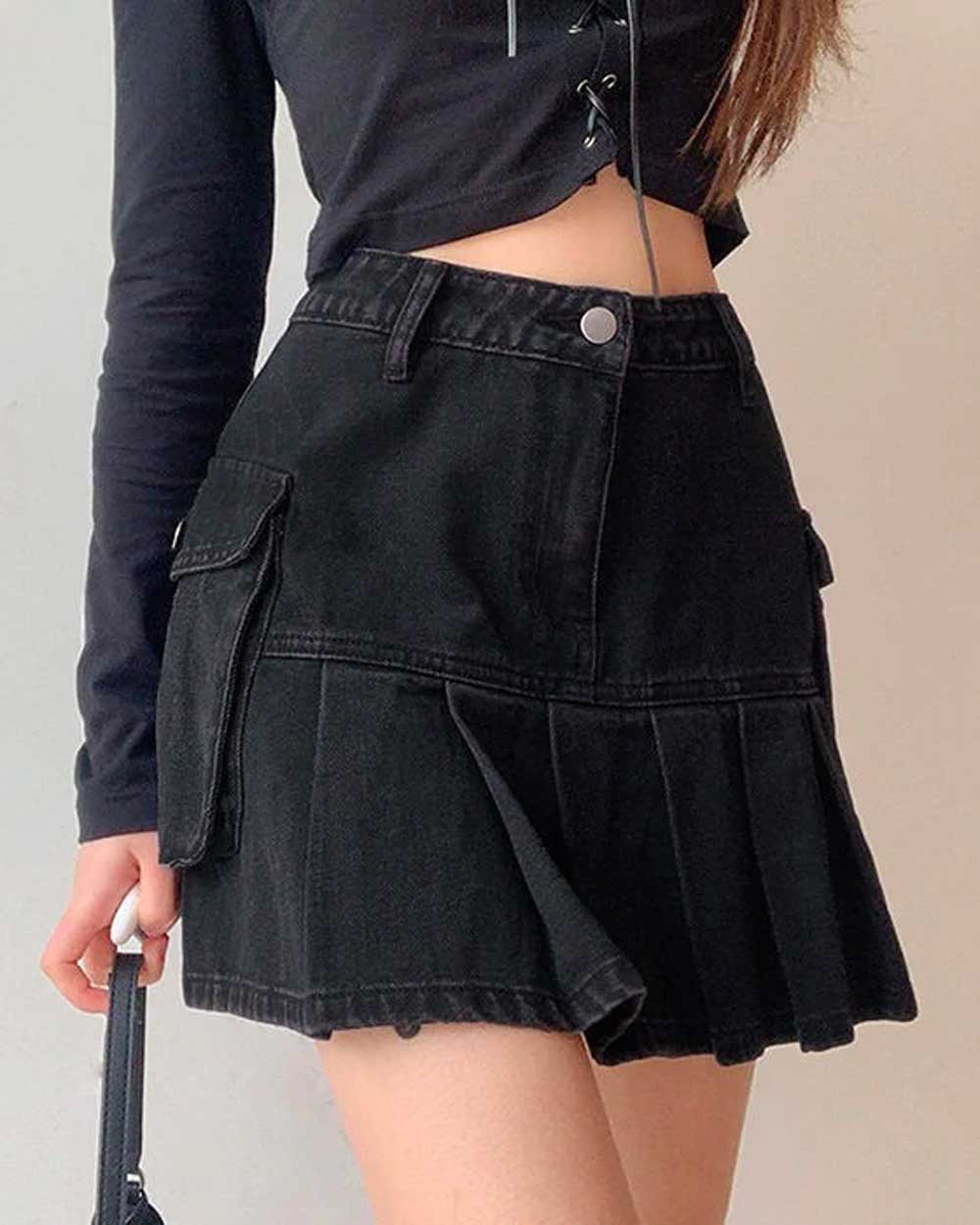 Denim Mini Skirt With Fitted Top Emo Outfits