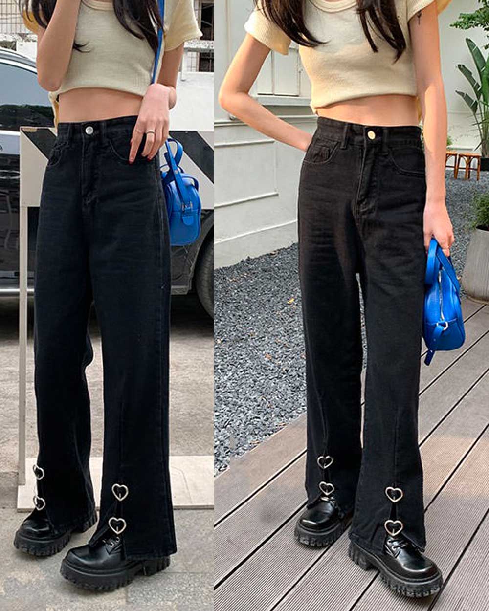 Emo Style Wide Leg Jeans With Heart Buckles