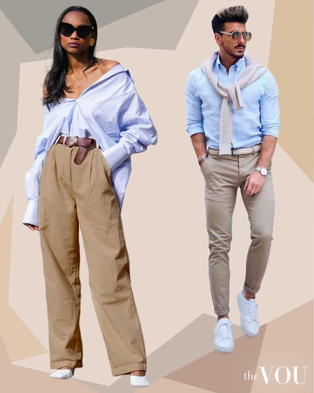 Light blue shirt with brown wide-leg pants or brown skinny jeans