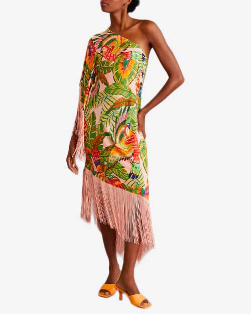 Farm Rio One-Shoulder Fringe Cocktail Midi Dress