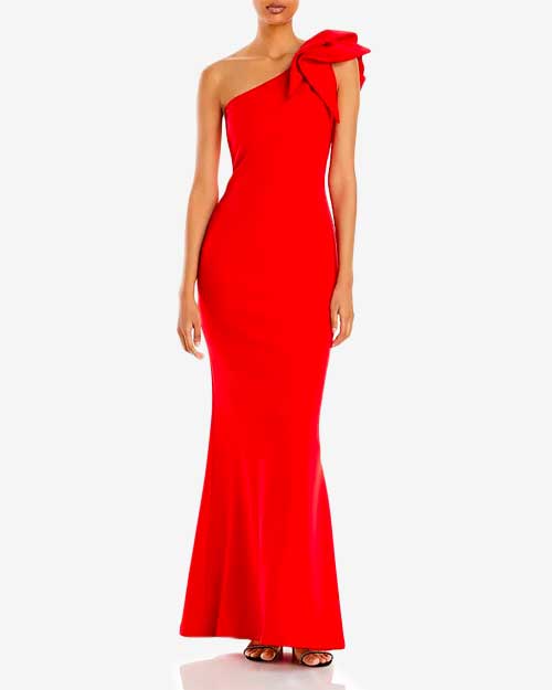 Аква-красное длинное коктейльное платье на одно плечо