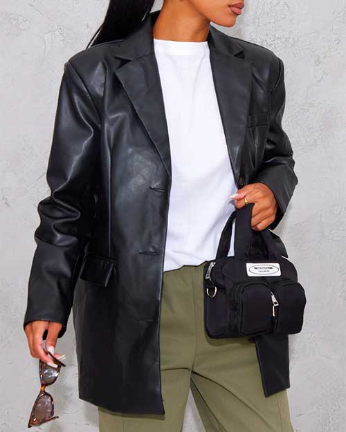 Black Leather Padded Shoulder Blazer