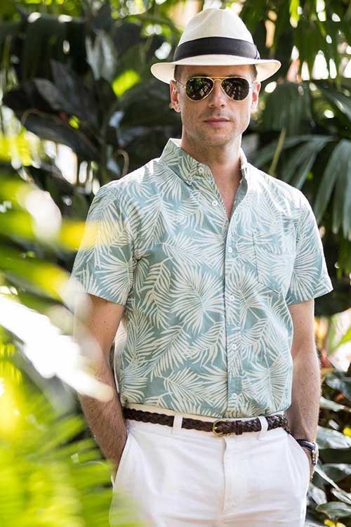 Old Money casual aesthetic panama hat, print shirt, woven leather belt, chino shorts