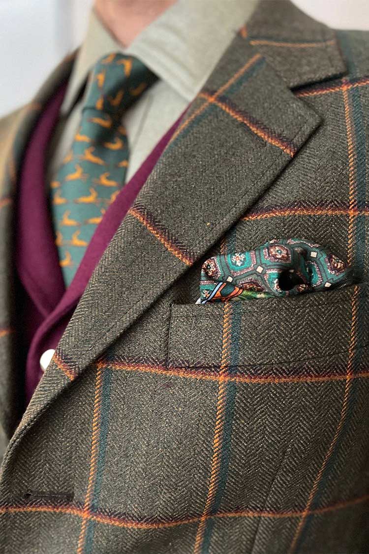 British country chic accessories silk pocket square tweed jacket Cordings