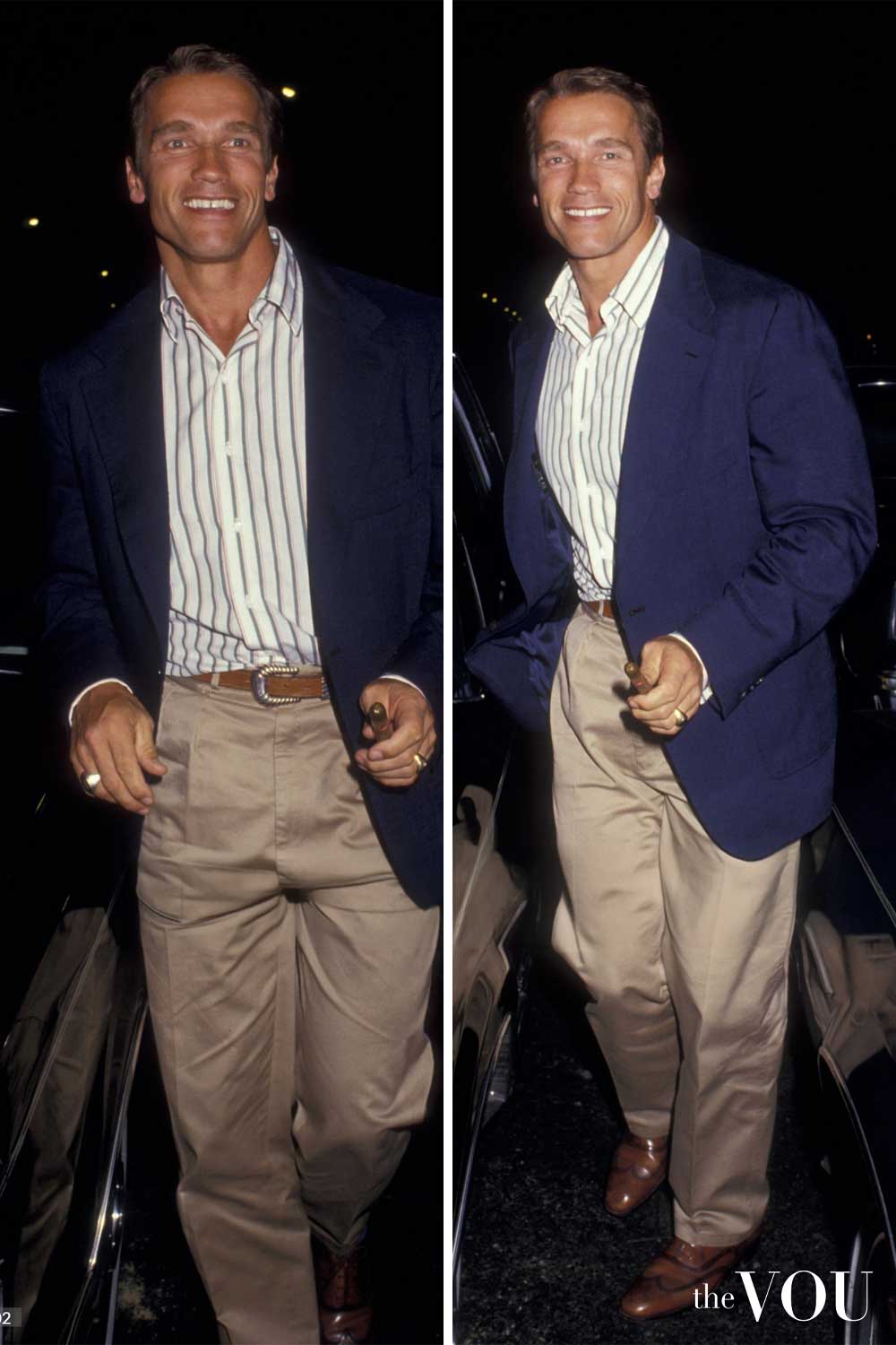 Arnold Schwarzenegger 80s style business casual Navy Blazer and Chinos