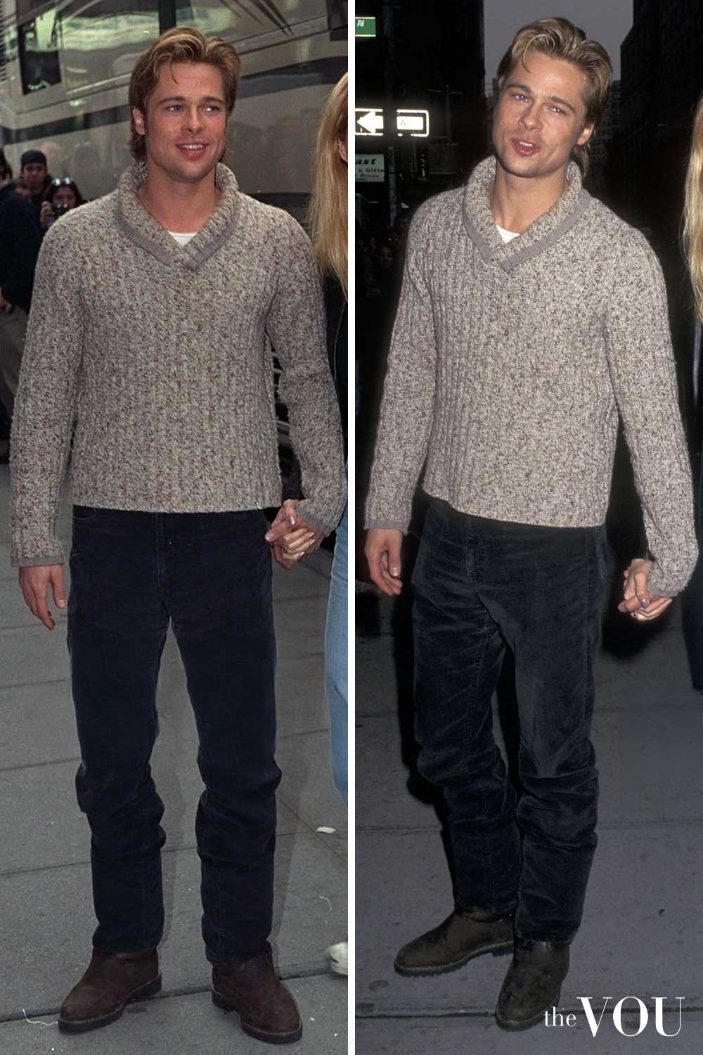 Brad Pitt's Oatmeal Shawl Collar Sweater With Velour Trousers