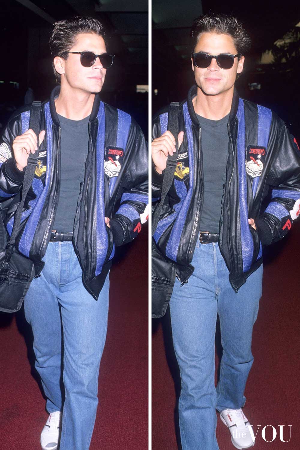 Rob Lowe's 80s style Leather Bomber and Jeans