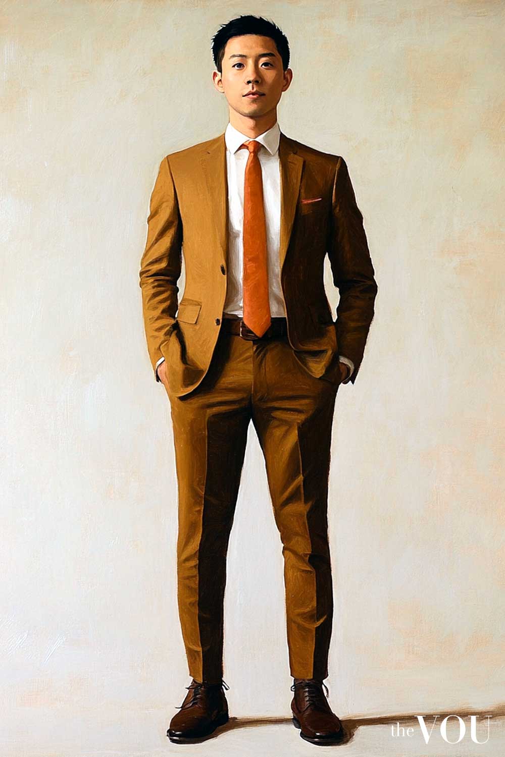 True Spring man golden brown suit warm ivory shirt coral tie