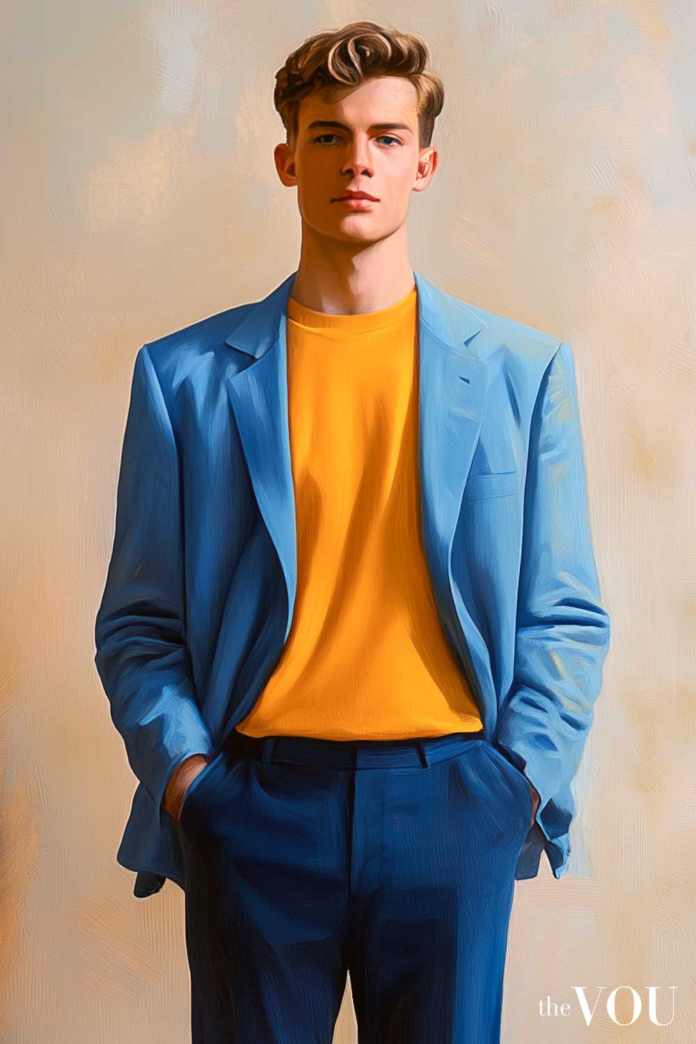 True Spring man golden yellow t-shirt under warm blue blazer