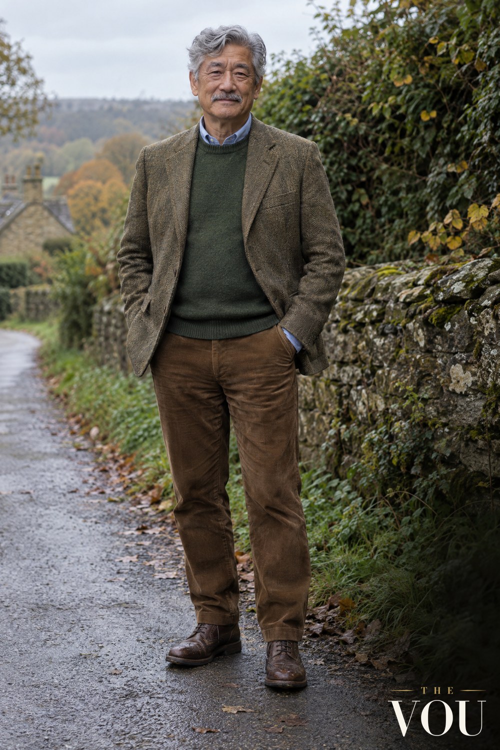 A man in a tweed jacket, green knitwear, brown trousers and brogue boots on a country lane.