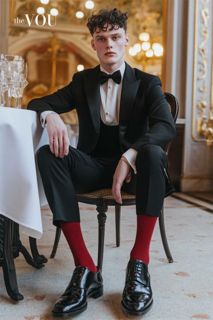 Mens Hosery - Oxford Student wearing red socks with a black tie outfit - The VOU - thevou.com.jpg