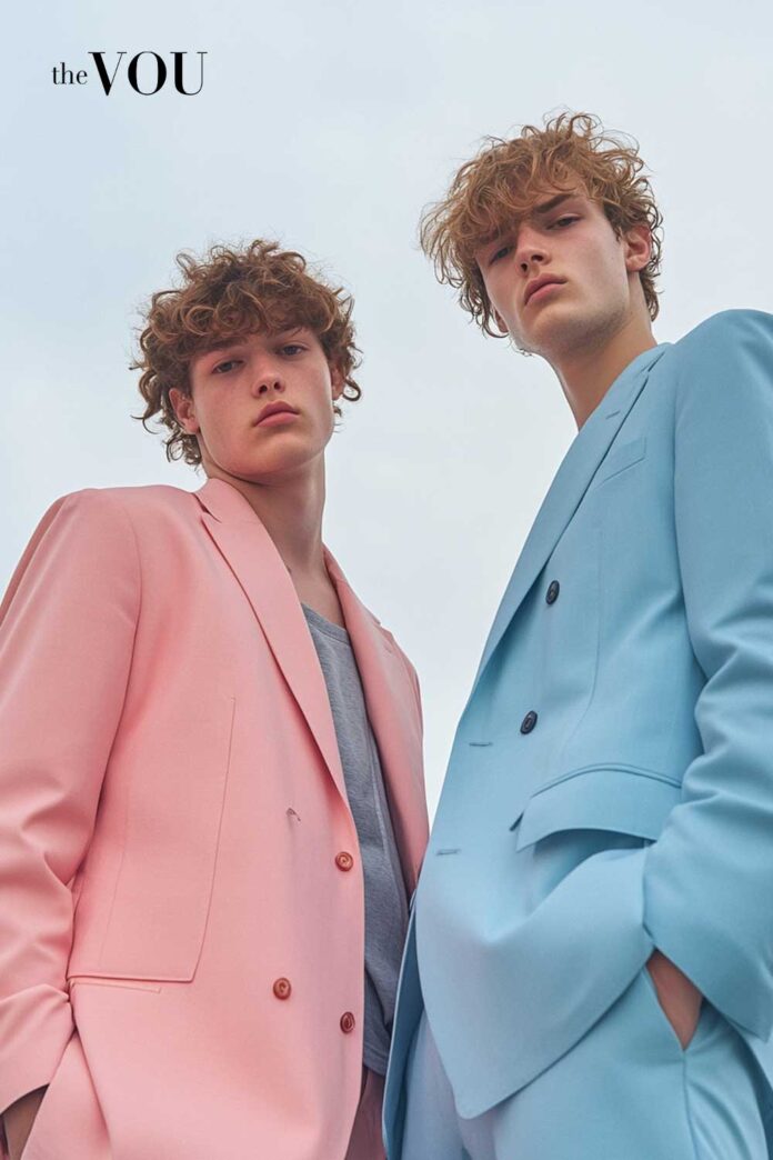 Two chubby male models wearing structured jackets with broader shoulders in muted, cool colours like steel blue (#4682B4), rose pink (#E8ADAA), and blue-grey (#6699CC). They are posing for The VOU - thevou.com.jpg