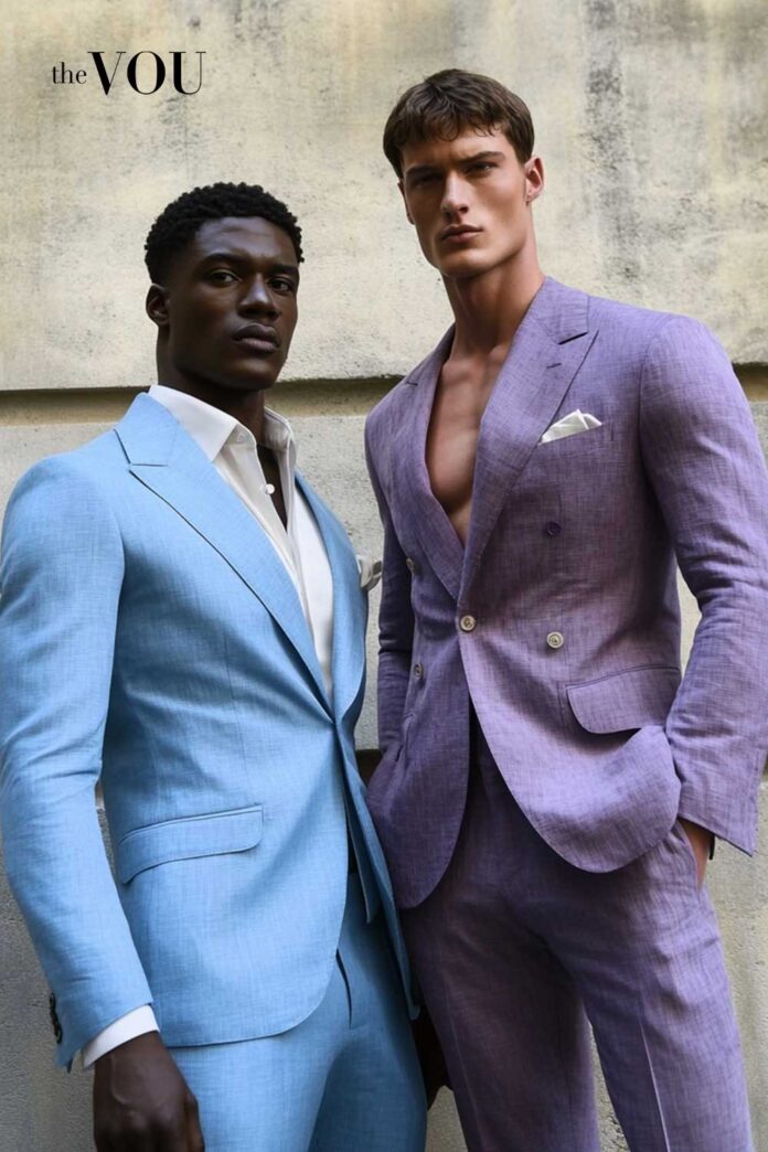 Muscular-male-models-standing-next-to-each-other-dressed-in-classic-outfits-in-steel-blue-4682B4-powder-blue-B0E0E6-and-soft-plum-8E4585-colours-posing-for-The-VOU-thevou.com