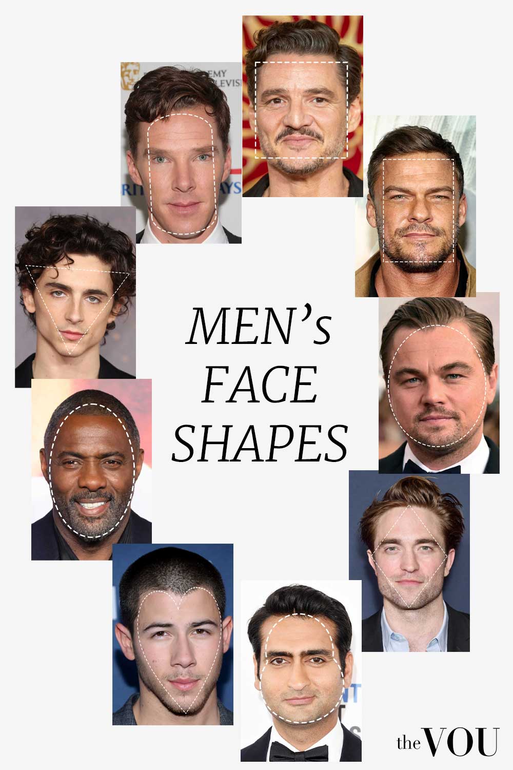 9 face shapes men oval, round, square, rectangle, oval, oblong, pear, heart, diamond, and triangle