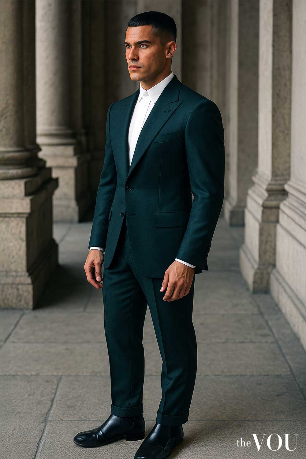 Traje masculino influenciado por uniformes militares.