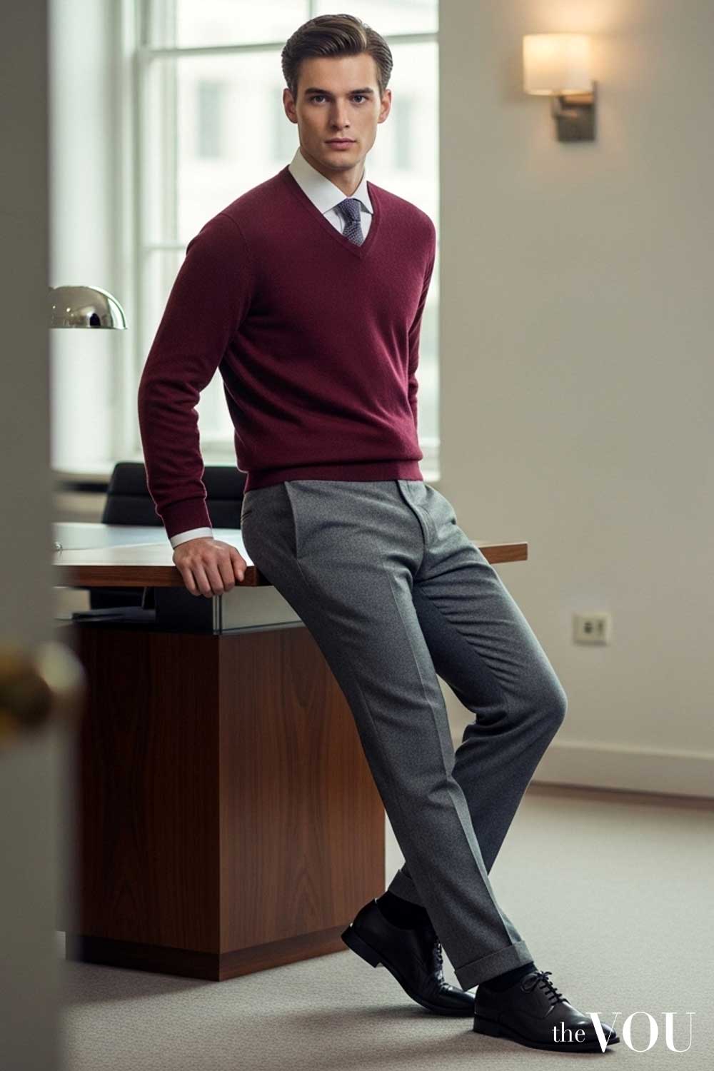 Old Money Knitwear Burgundy V-Neck Sweaters with Grey Trousers