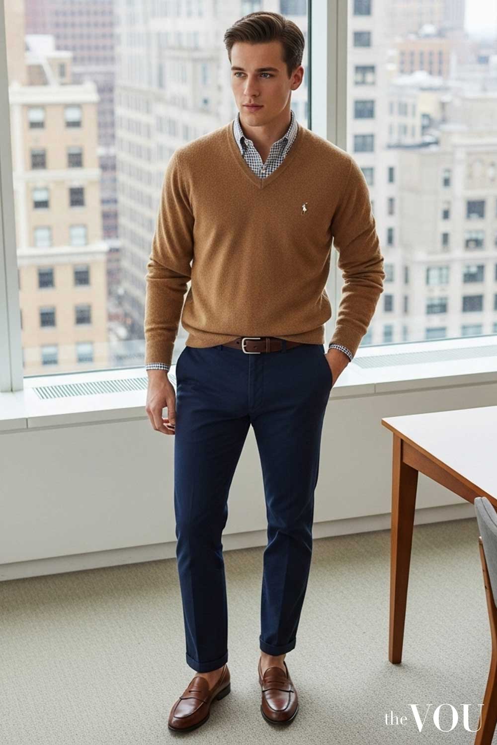 Old Money Knitwear Camel V-Neck Sweaters with Navy Chinos