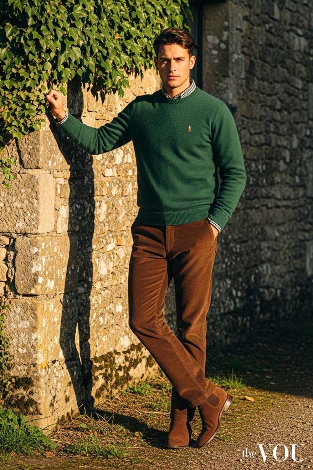 Old Money Knitwear 
 Forest Green Crew Necks with Brown Cords 