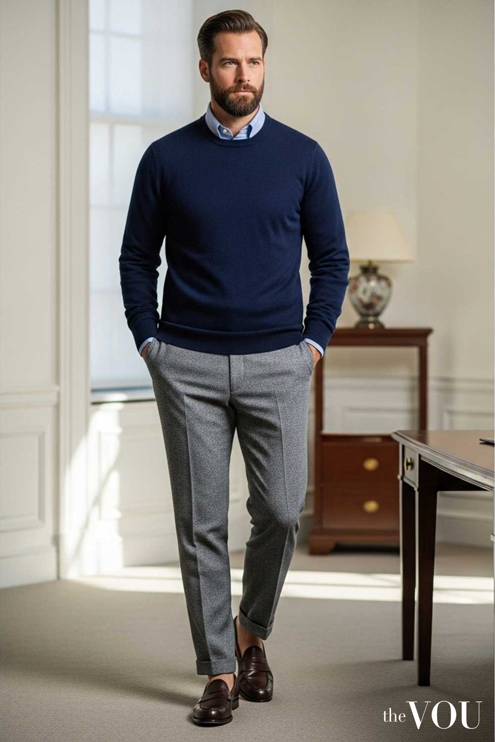 Old Money Knitwear Navy Crewneck Sweaters in Pure Cashmere