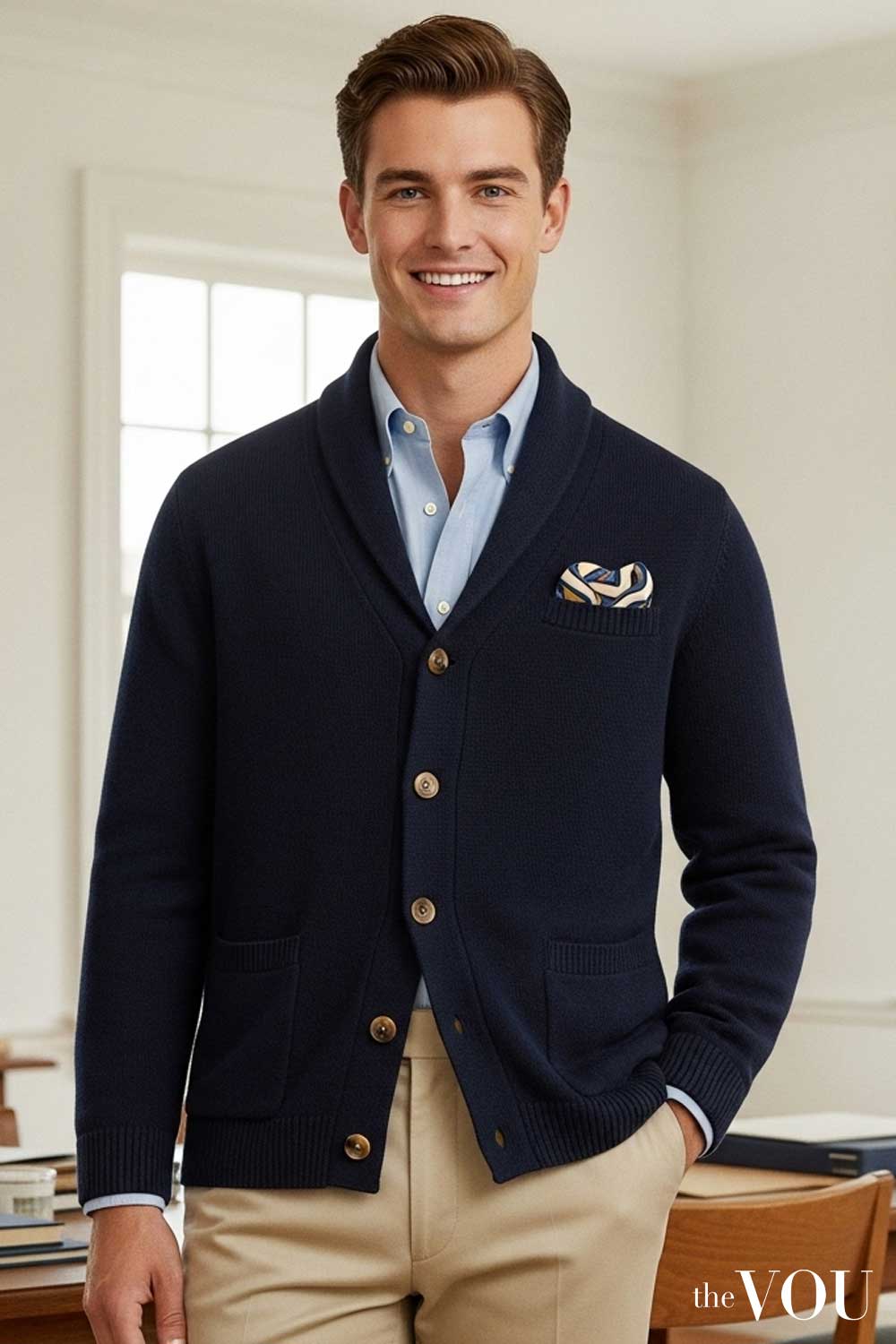 Old Money Knitwear Choose Navy Shawl Collar Cardigans as Blazer