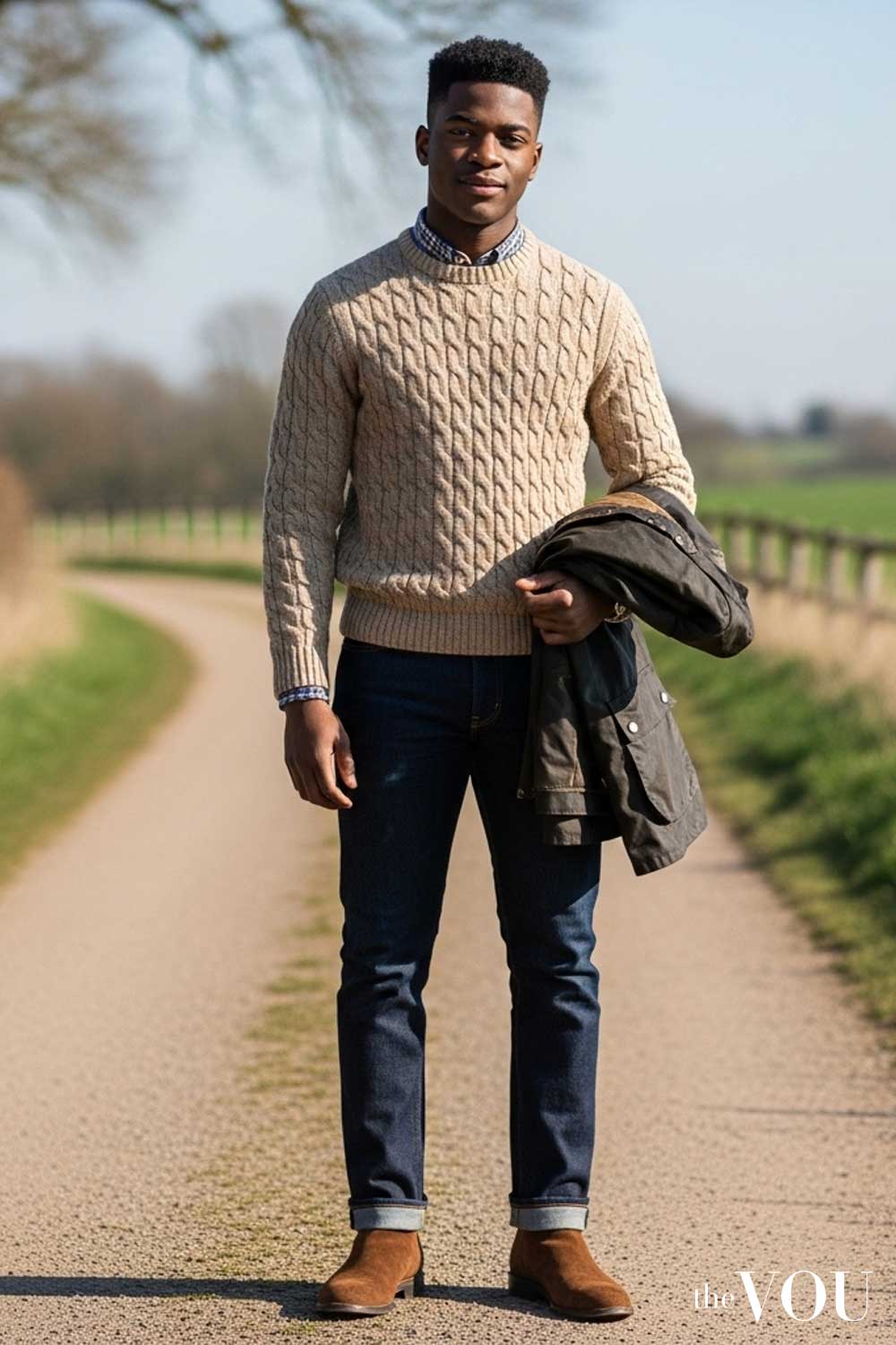 Old Money Knitwear Oatmeal Cable Knit Sweaters with Dark Denim