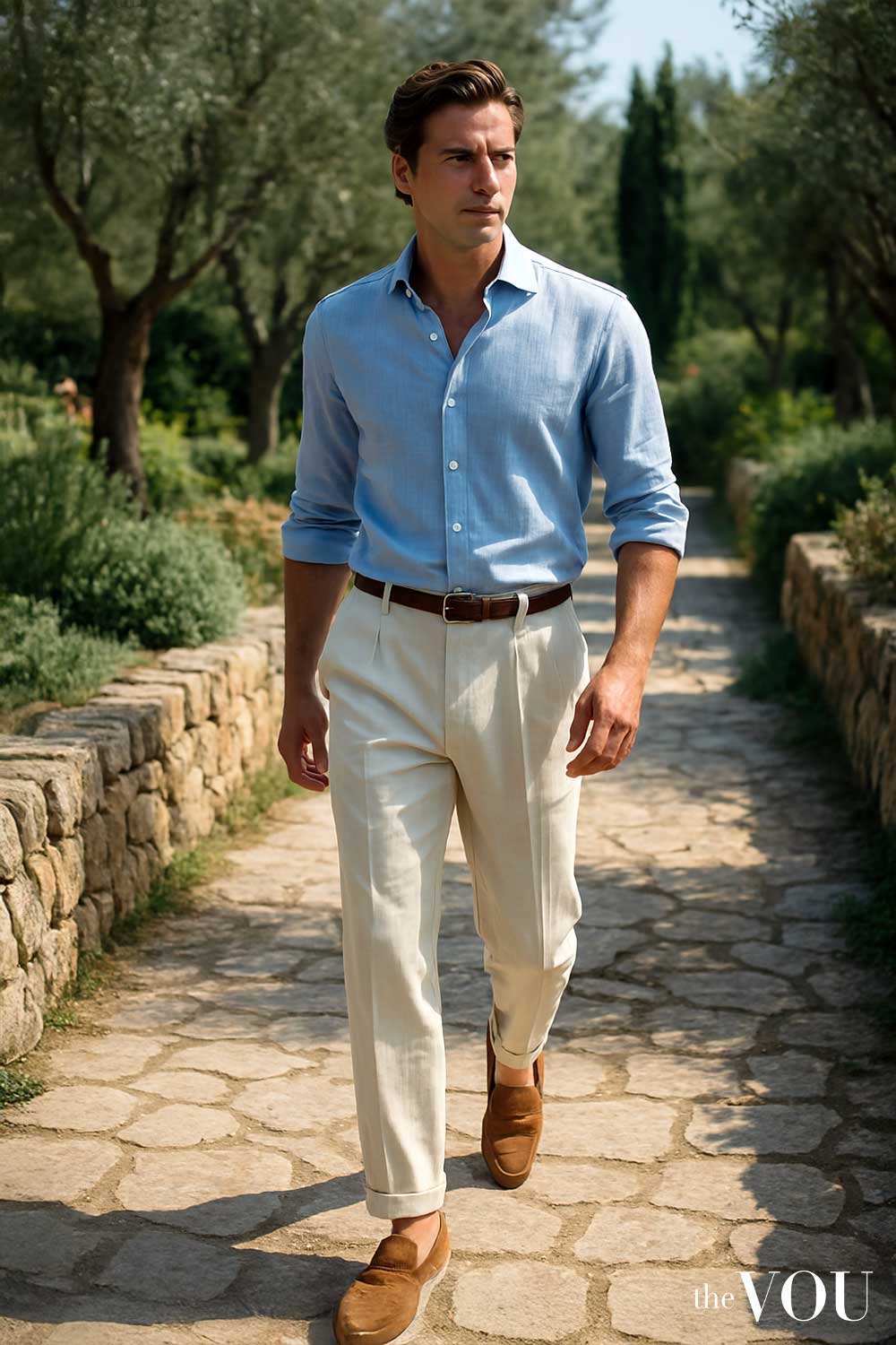 Old money style linen trousers alternatives to shorts