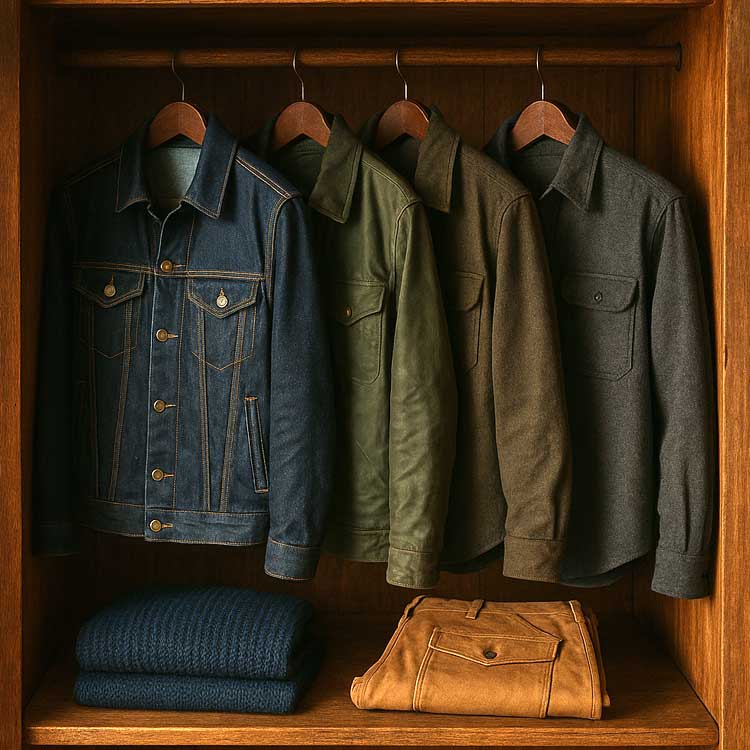 Earth tones, deep blues, forest greens, charcoal grey – colours inspired by nature and utility.