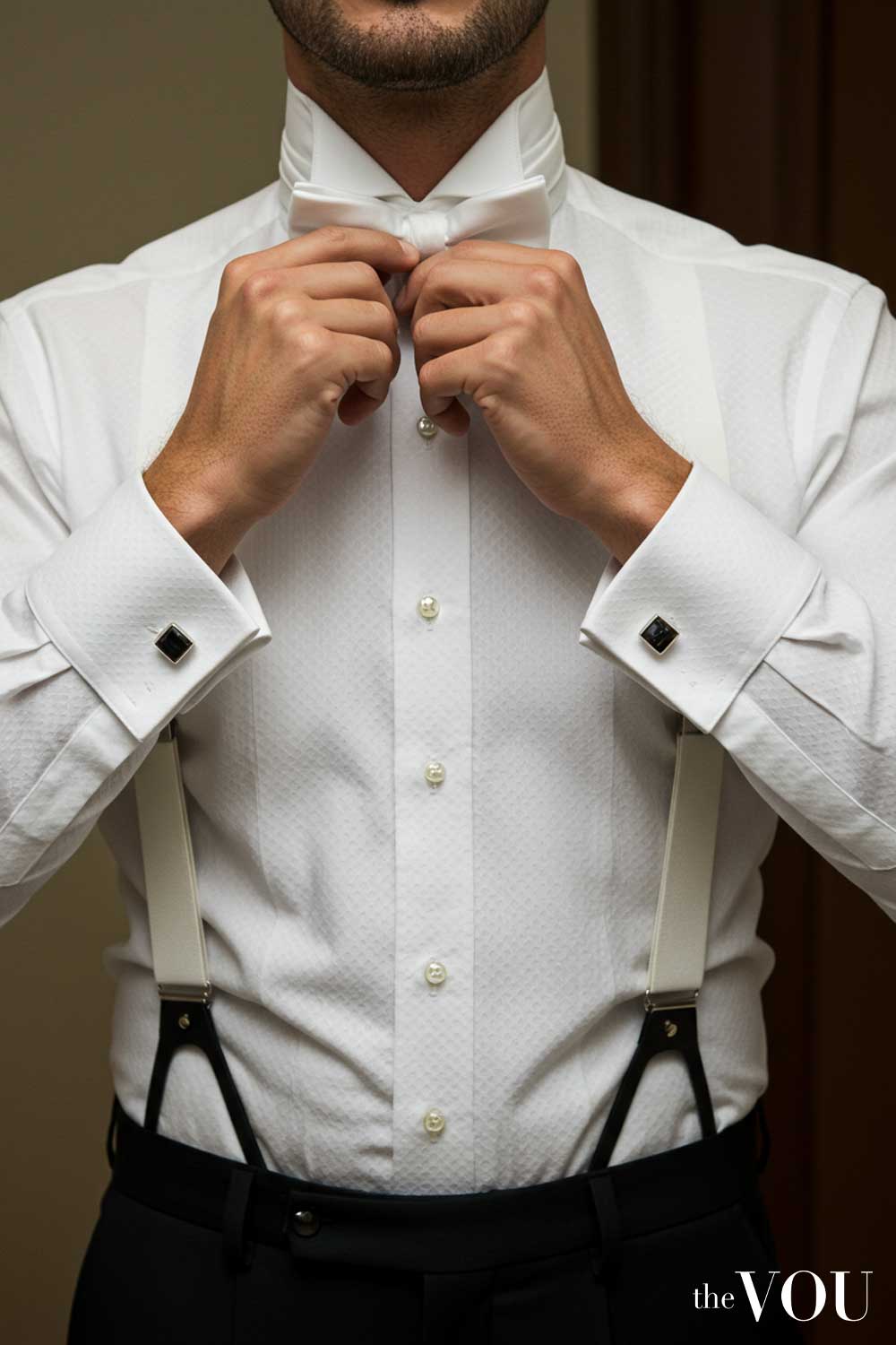Stiff-Fronted White Marcella Piqué Bib Shirt with a Detachable Wing Collar