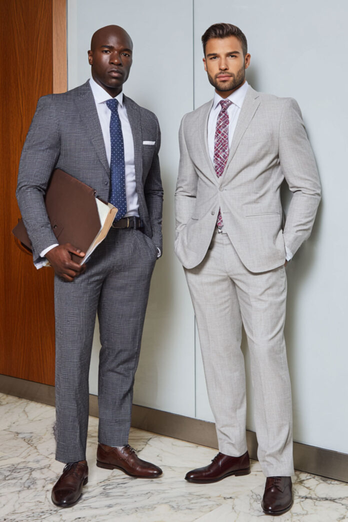 two layers in the office dressed in tailored suits - thevou.com