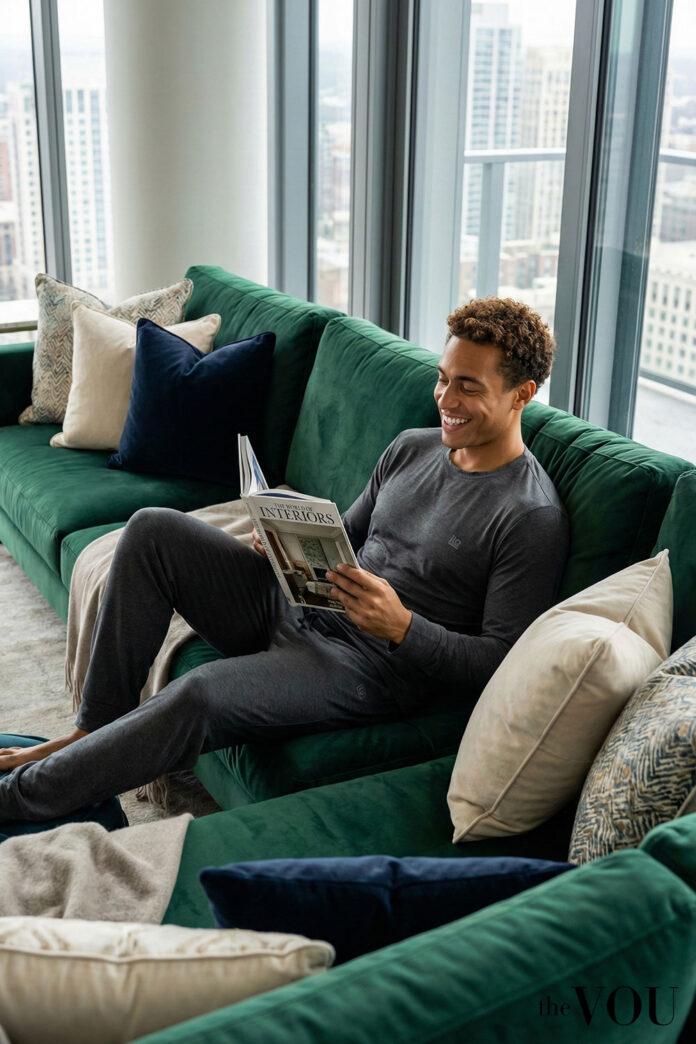 Male model dressed in dark comfortable Pyjamas - thevou.com