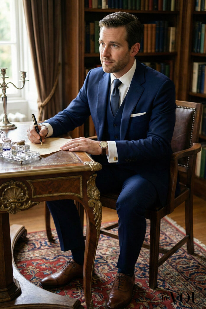 writer at his desk dressed in an Armani suit - thevou.com
