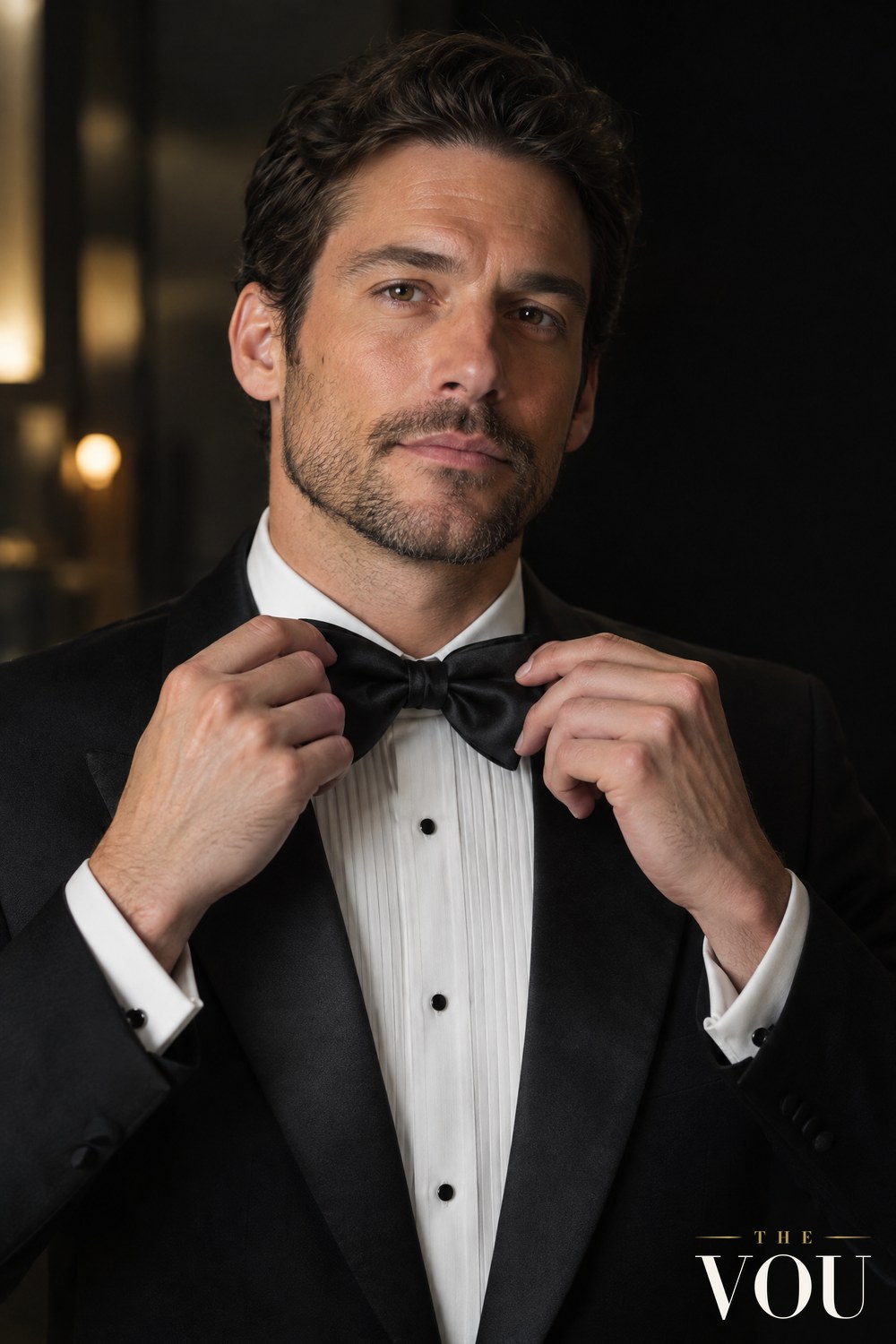 A man in a black dinner jacket and white pleated dress shirt adjusting a black silk butterfly bow tie.