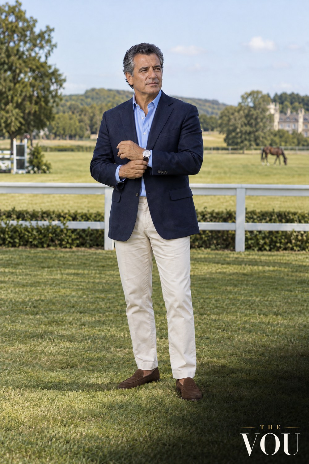A man in a navy blazer, light blue shirt and cream chinos adjusting a steel chronograph watch by the rail of an equestrian ground.