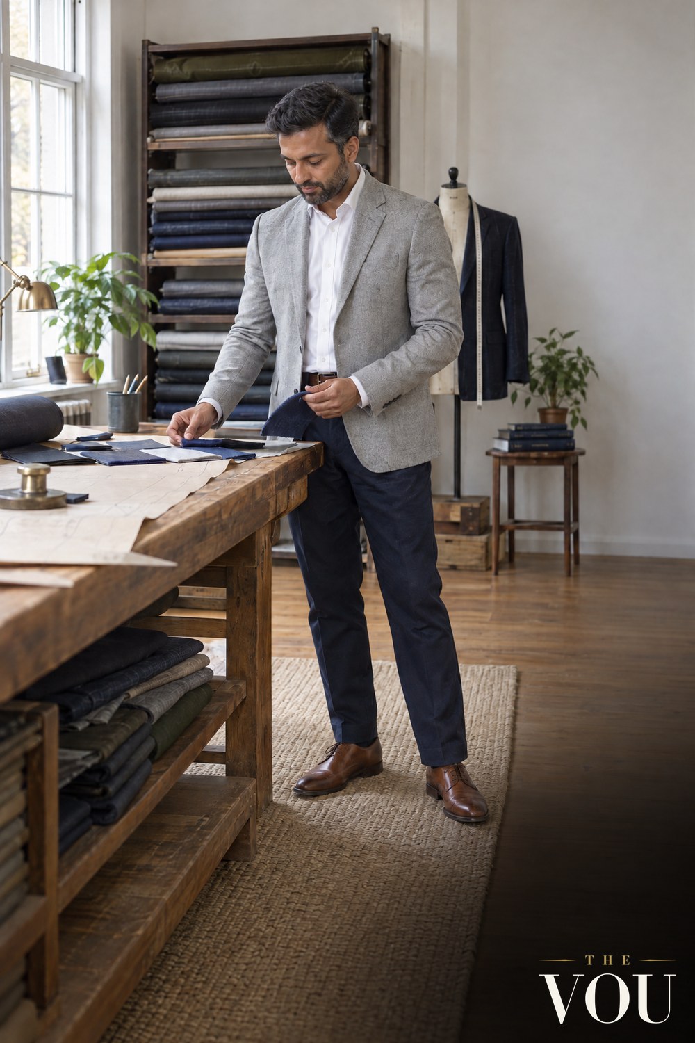 A man in a light grey jacket and navy trousers looking at fabric swatches and a paper pattern on a cutting table in a tailoring studio.