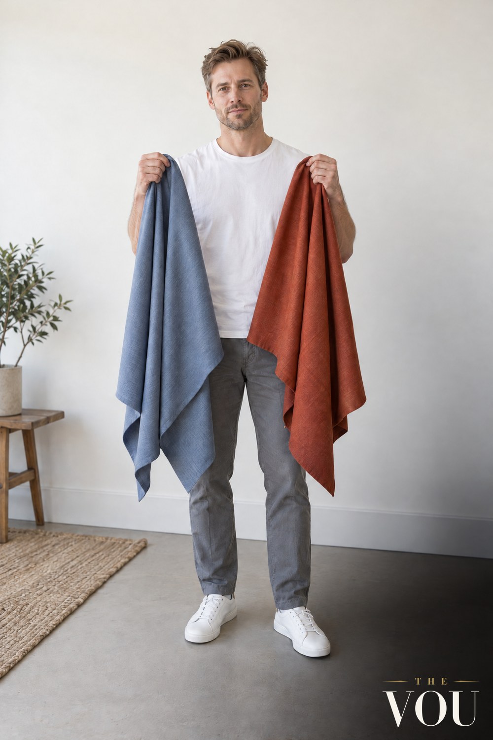 A man in a white T-shirt holding a dusty blue fabric drape and a rust fabric drape up to his chest to compare the colours.