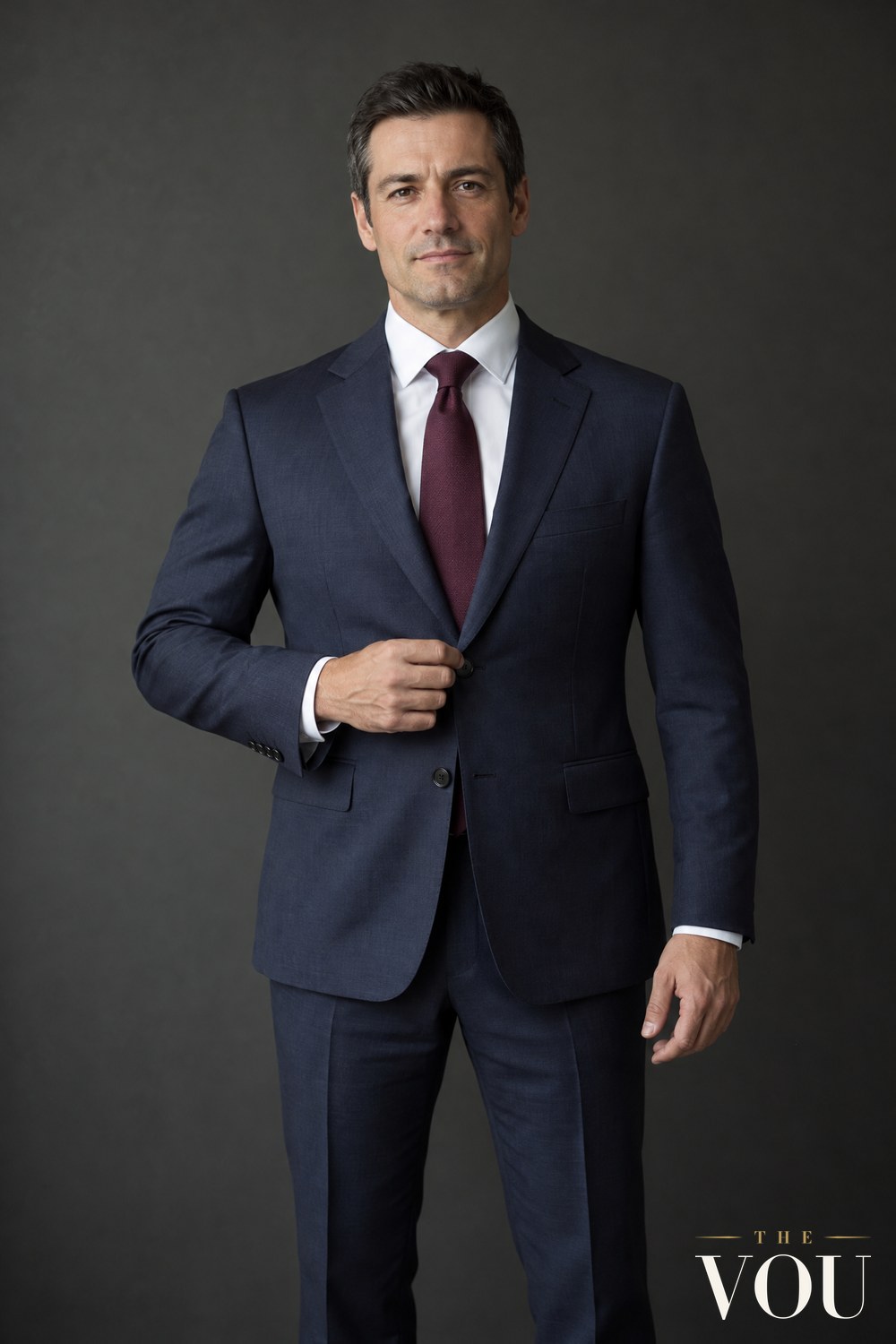 A man in a navy two-button suit, white shirt and burgundy tie fastening the top button of his jacket, the bottom button left undone.