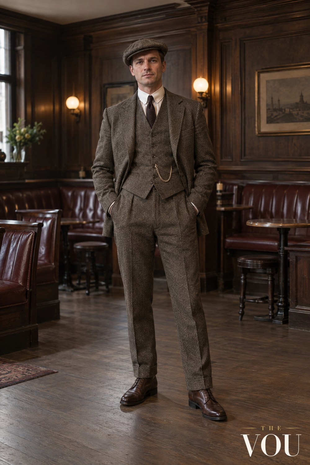 A man in a brown herringbone tweed three-piece suit, club-collar shirt, dark tie and flat cap with a watch chain in a wood-panelled bar.
