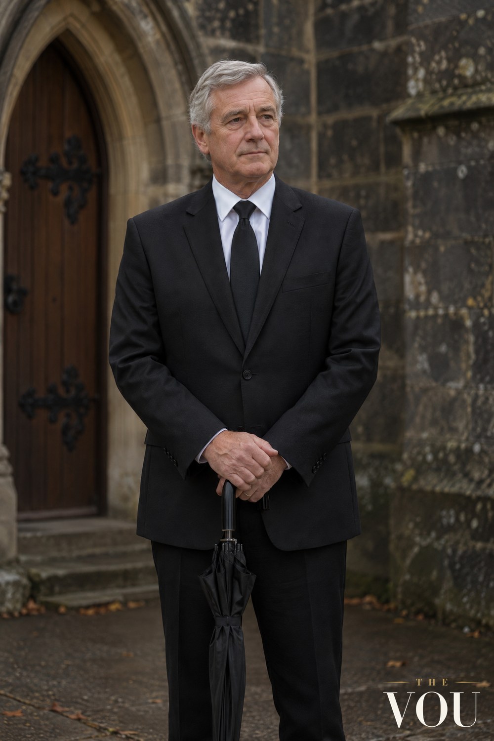 A man in his sixties in a plain black suit, white shirt and black tie holding a closed black umbrella outside a stone church before a funeral.