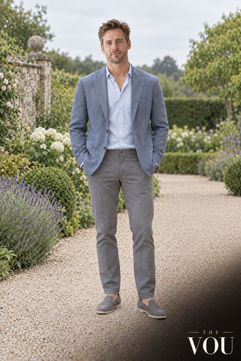 A broad-shouldered man in a soft blue-grey blazer, powder-blue shirt, grey trousers and grey suede loafers on a garden path.