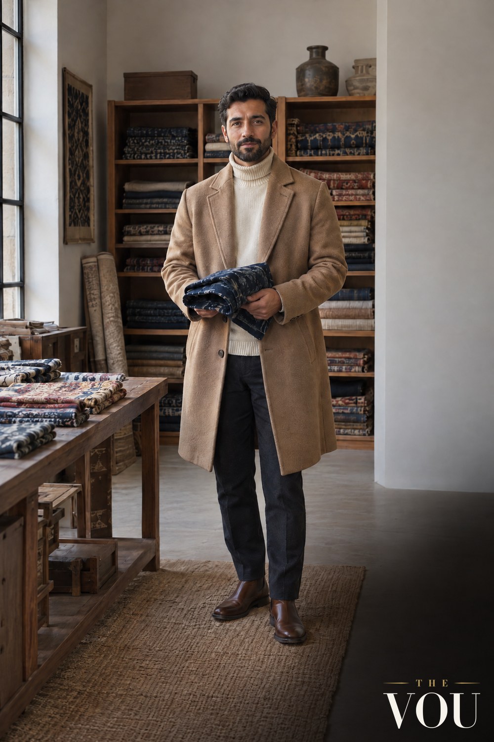 A man in a camel overcoat and cream roll-neck holding a folded indigo cloth among shelves of patterned textiles.