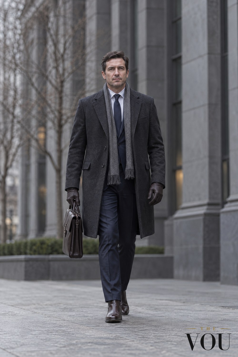 A man in a charcoal overcoat over a navy suit, with a grey scarf, brown leather gloves and boots and a leather briefcase, walking past a stone office building in winter.