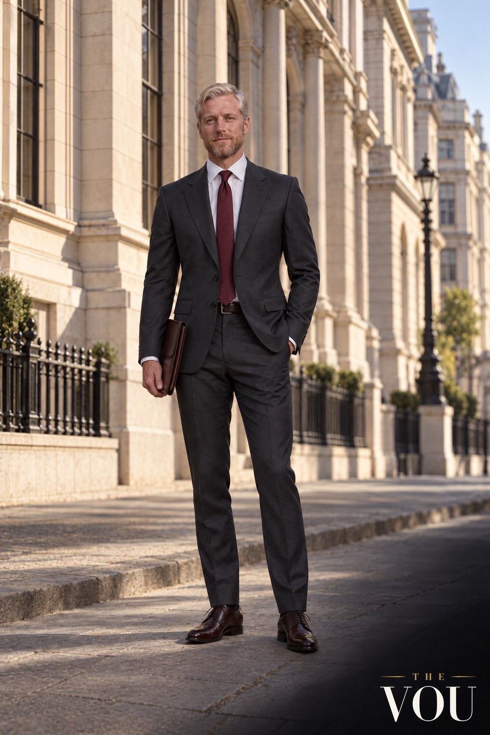 A man in a charcoal two-piece suit, white shirt and burgundy tie holding a leather document case on a city street.