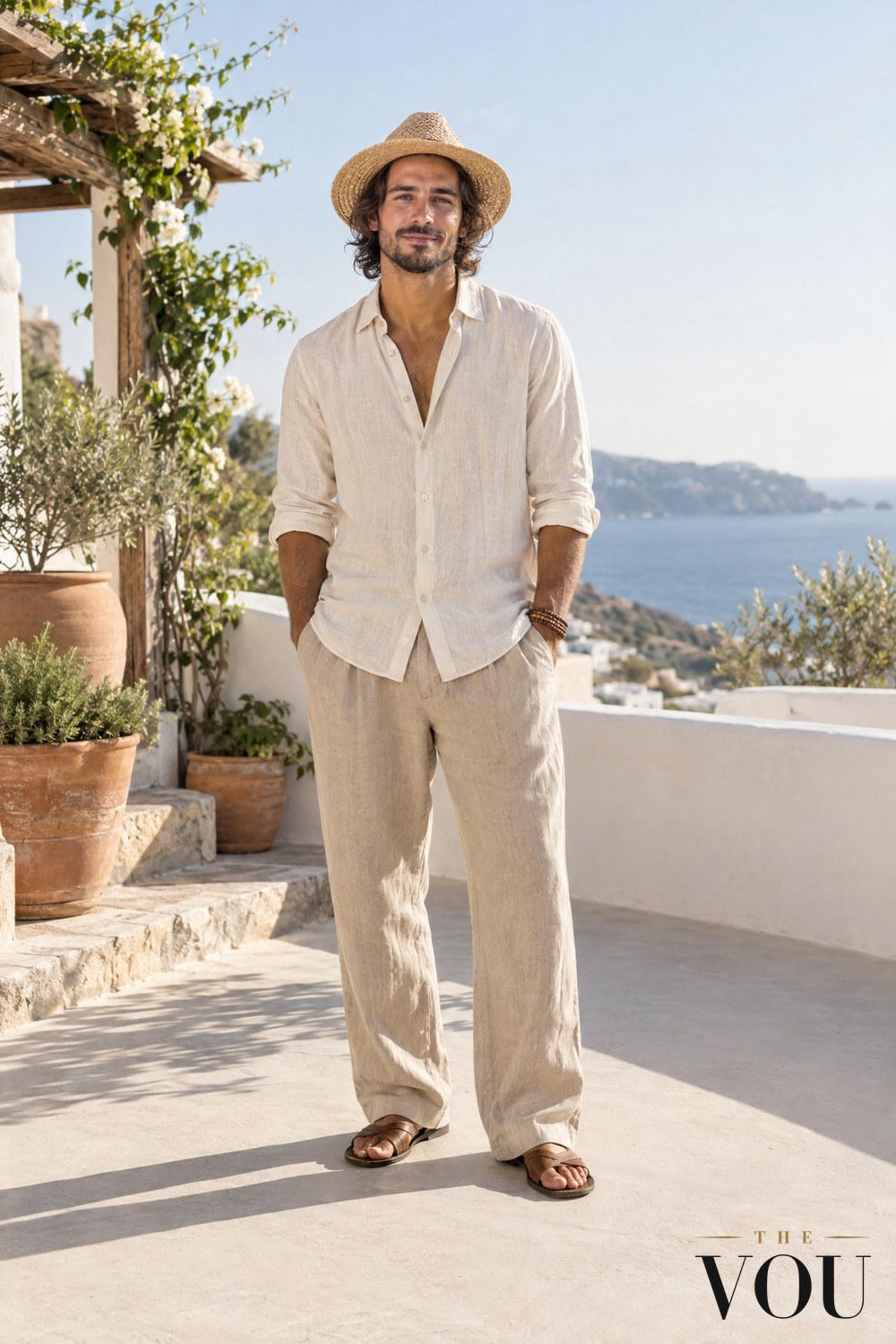 A man in a loose cream linen shirt, wide linen trousers, bead bracelets, a straw hat and leather sandals on a whitewashed terrace.